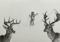 Visions West Gallery :: Bruce :: Bird on a Tight Rope with Deer