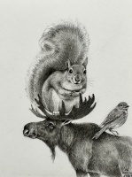 Visions West Gallery :: Bruce :: Squirrel and Bird Atop Moose